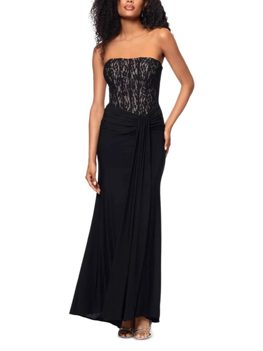 Aqua Formal Black Nude Lace Strapless Corset Gown